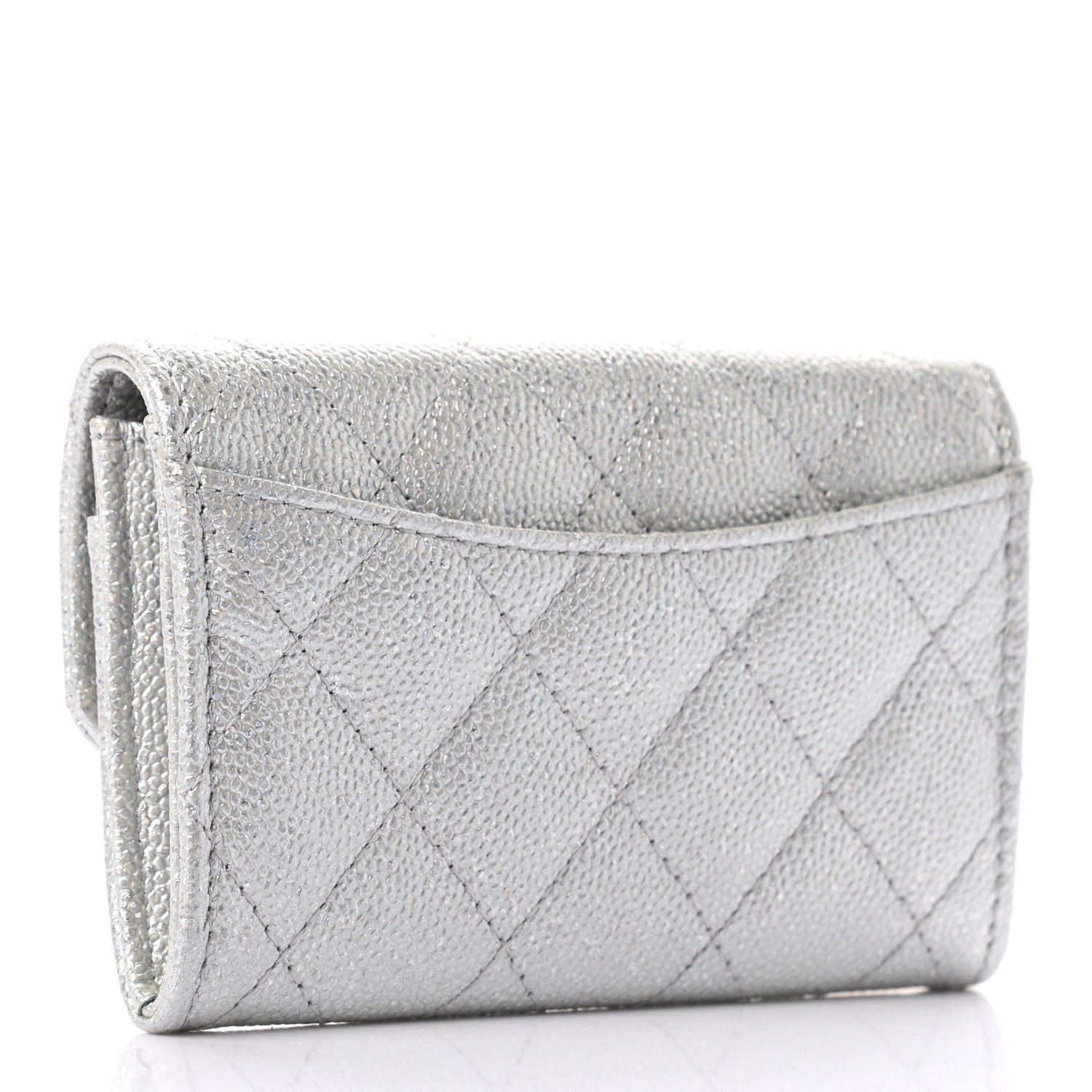 Chanel Glittered Metallic Caviar Quilted Flap Card Holder Wallet Silver 3 of 8
