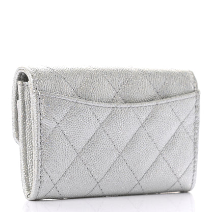 Chanel Glittered Metallic Caviar Quilted Flap Card Holder Wallet Silver 3 of 8