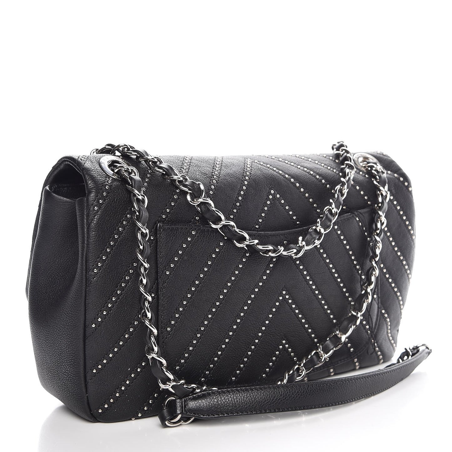 Calfskin Studded Chevron Quilted Medium Wars Flap Black