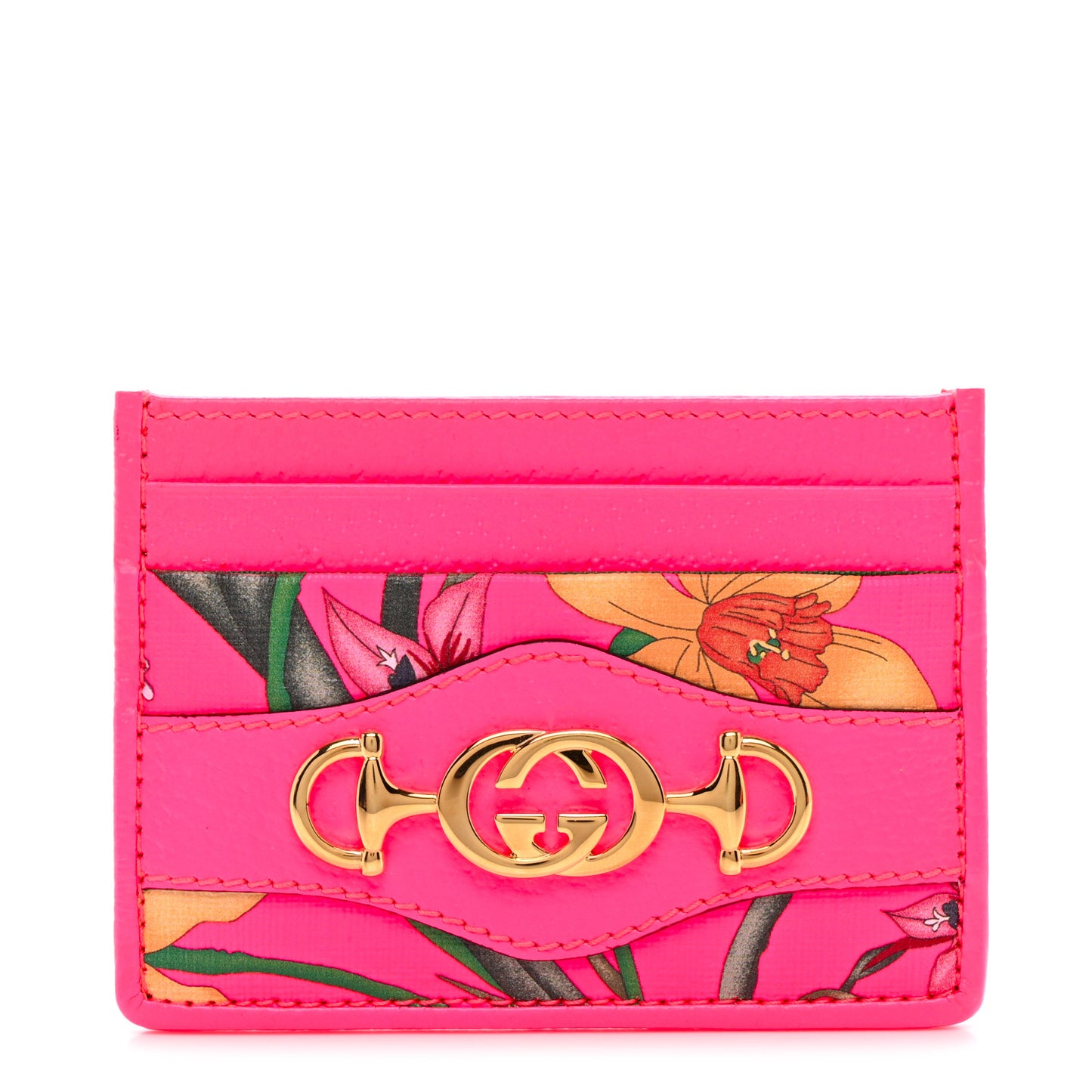 Calfskin Flora Print Zumi Card Holder Fuxia Fluo