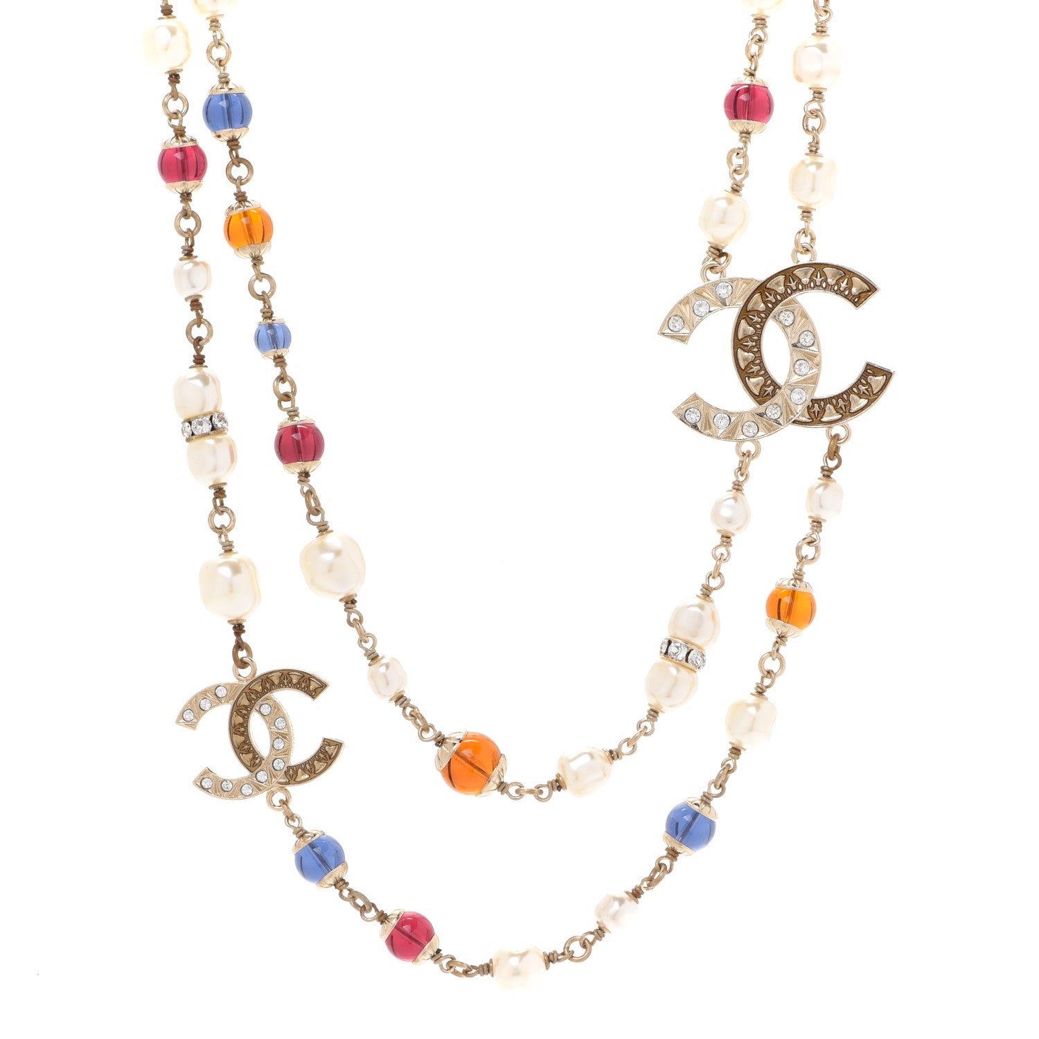 Chanel Pearl Beaded Crystal CC Long Necklace Gold Multi 1 of 6