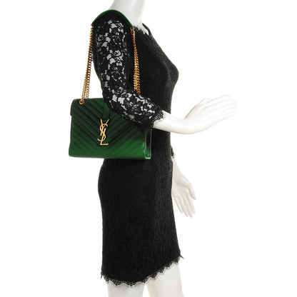 Saint Laurent Lambskin Matelasse Chevron Medium Monogram Satchel Green 2 of 9