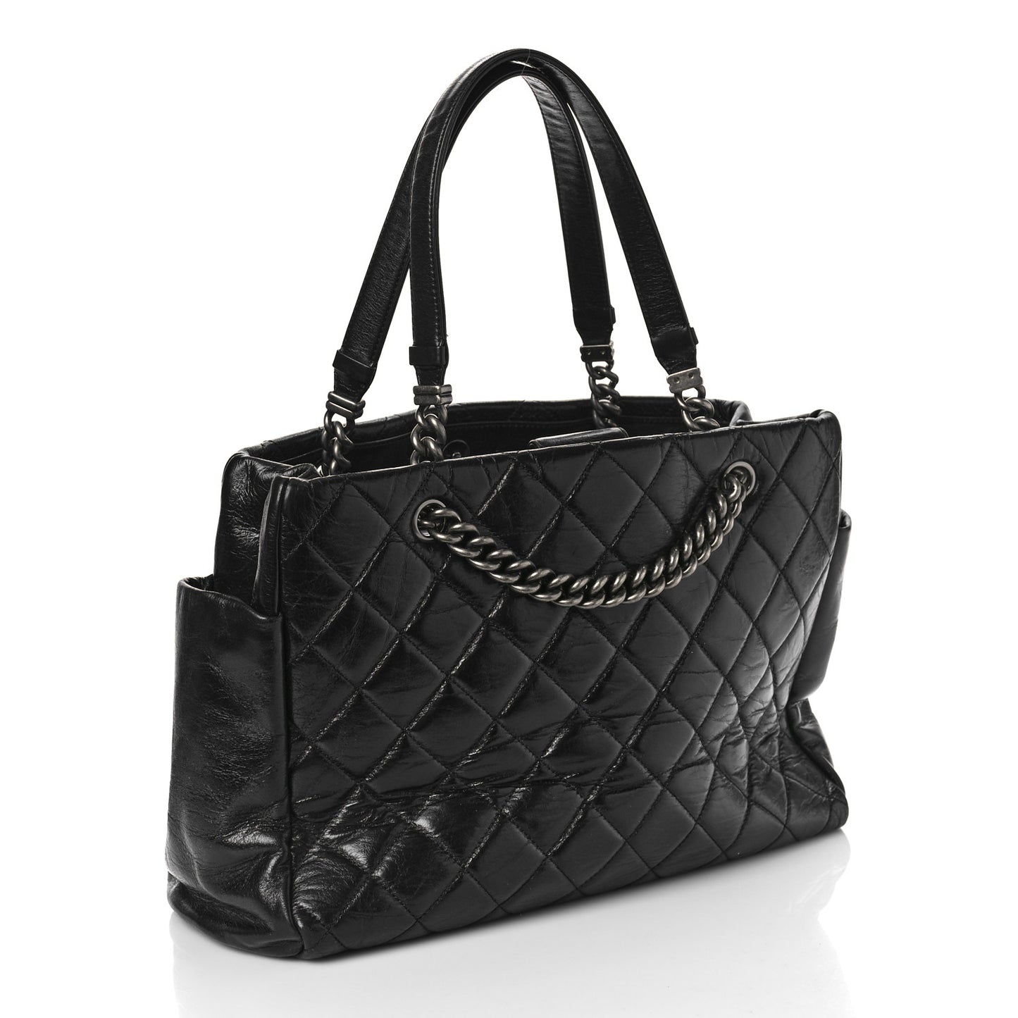 Glazed Calfskin Quilted Large Nameplate Shopping Tote Black
