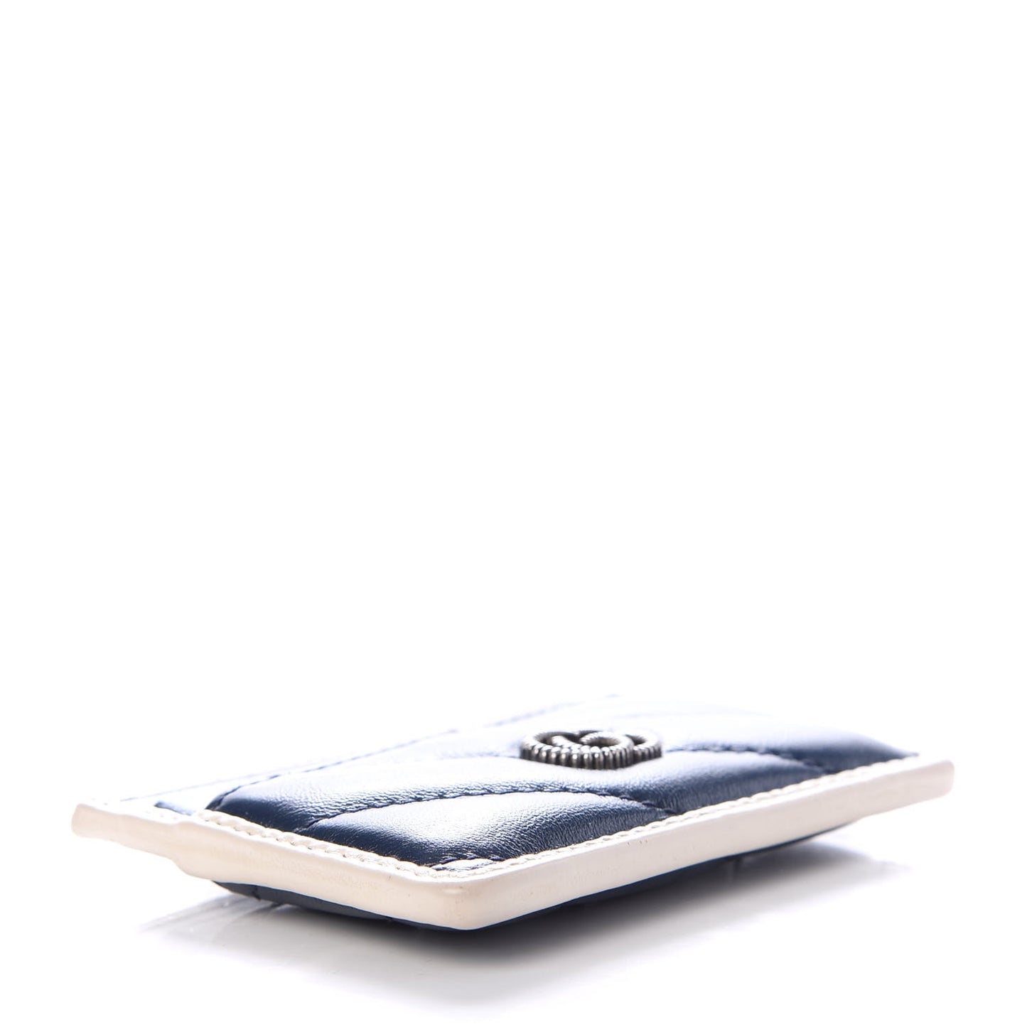 Vintage Effect Calfskin Matelasse Diagonal Torchon GG Marmont Card Holder Blue Agata Mystic White