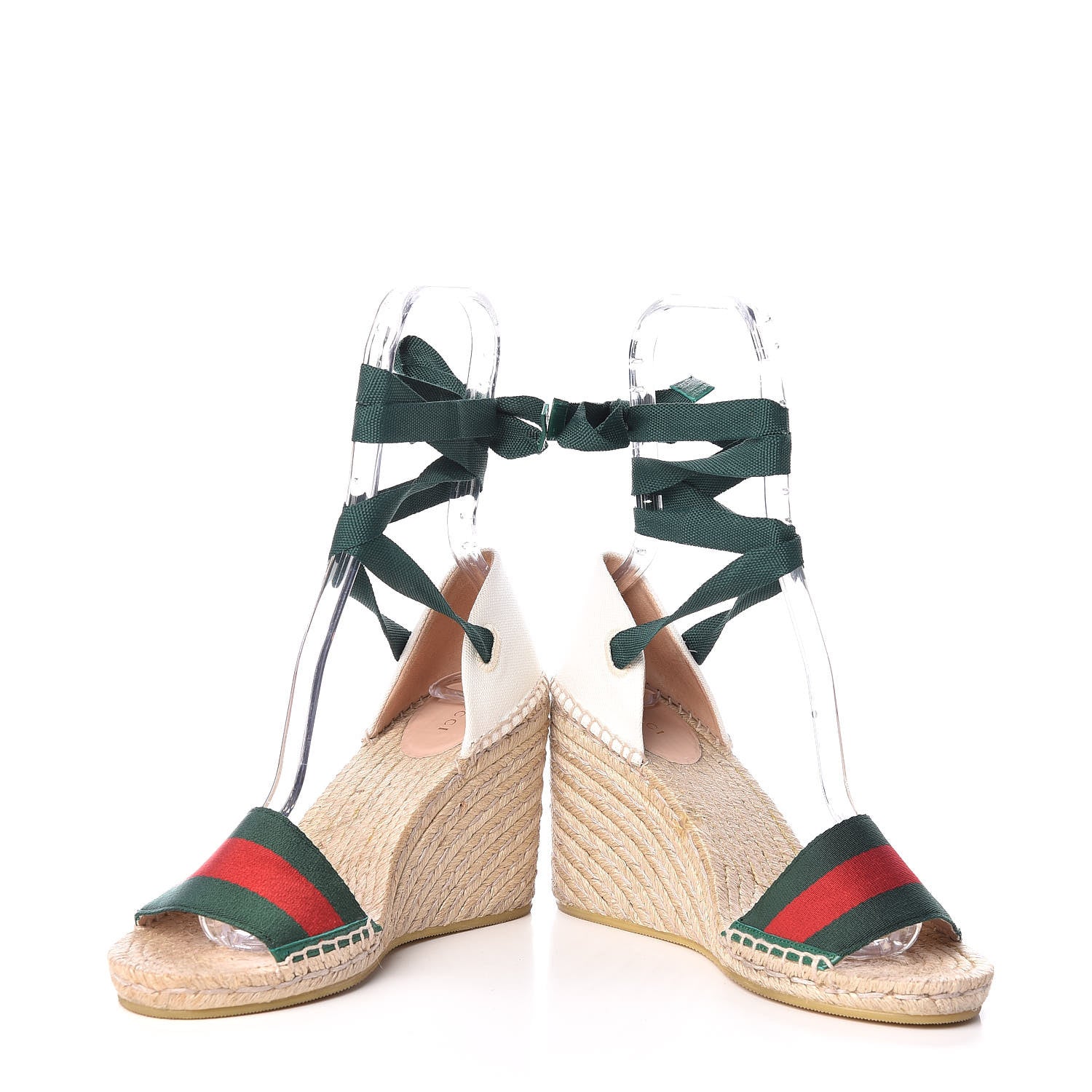 Gucci Canvas Malaga Kid Web Ankle Wrap Espadrille Wedge Sandals 38.5 Green Red Mystic White Emerald 7 of 9