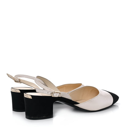 Chanel Metallic Calfskin Grosgrain Cap Toe CC Slingback Pumps 39.5 Ivory Black 4 of 9