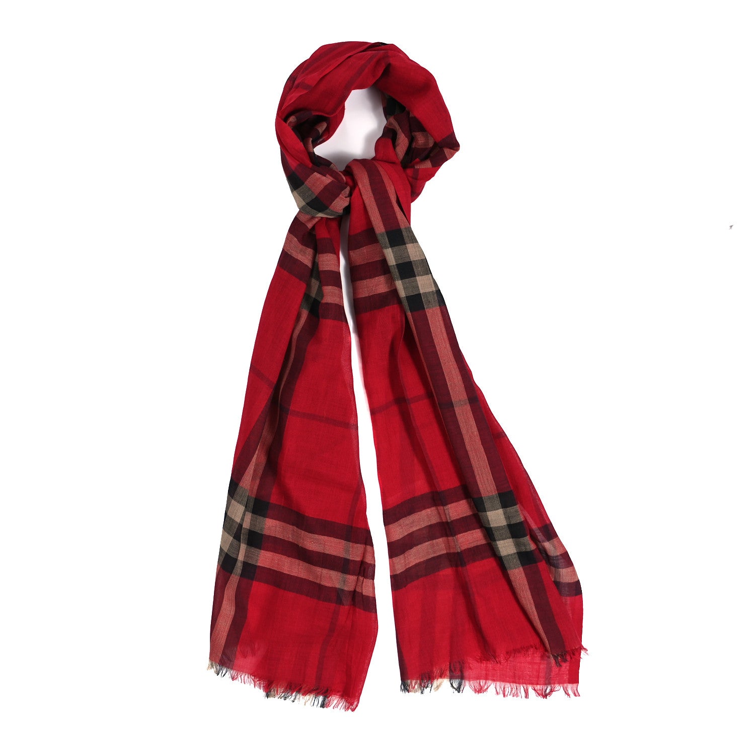 Burberry Wool Silk House Check Lightweight Scarf Red 1 of 4