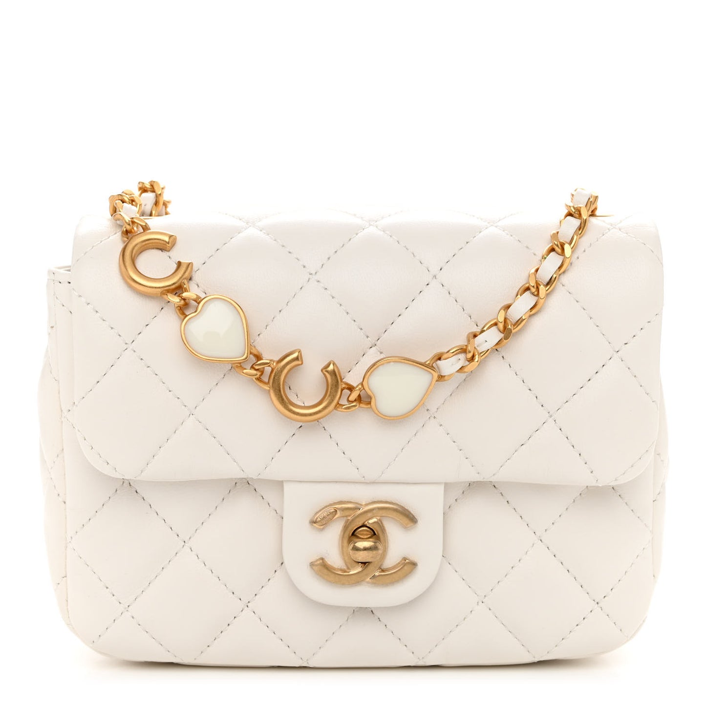 Lambskin Enamel Quilted Mini Coco Hearts Square Flap White