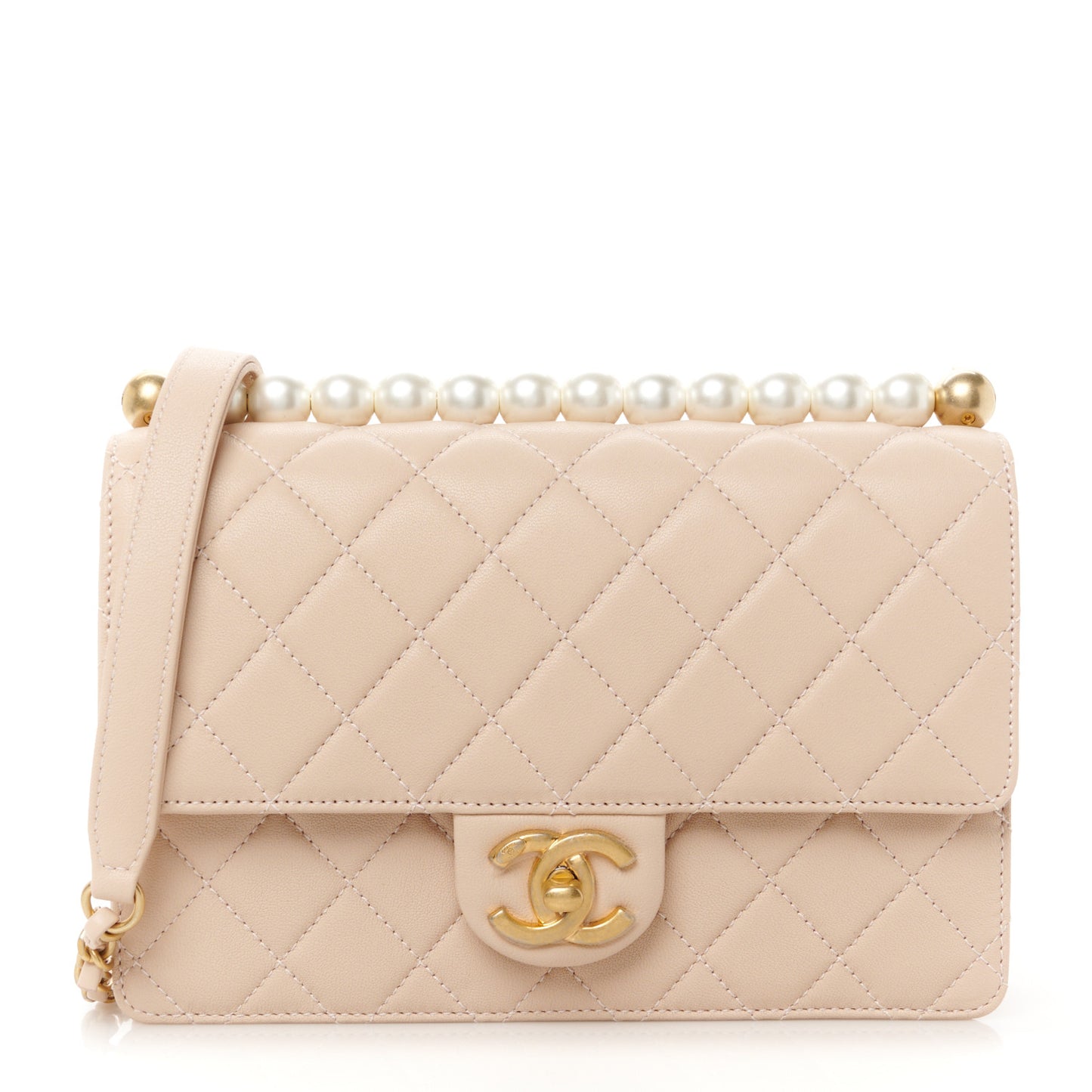 Lambskin Quilted Small Chic Pearls Flap Light Beige