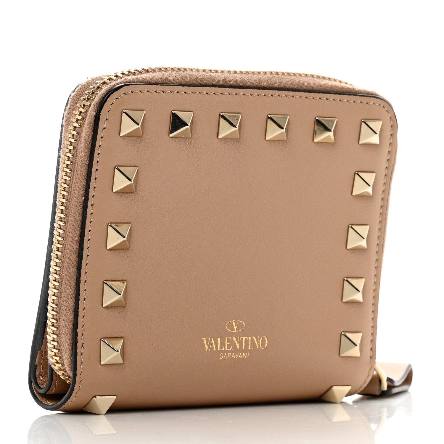Valentino Garavani Calfskin Rockstud Compact Zip Around Wallet Camel Rose 3 of 11