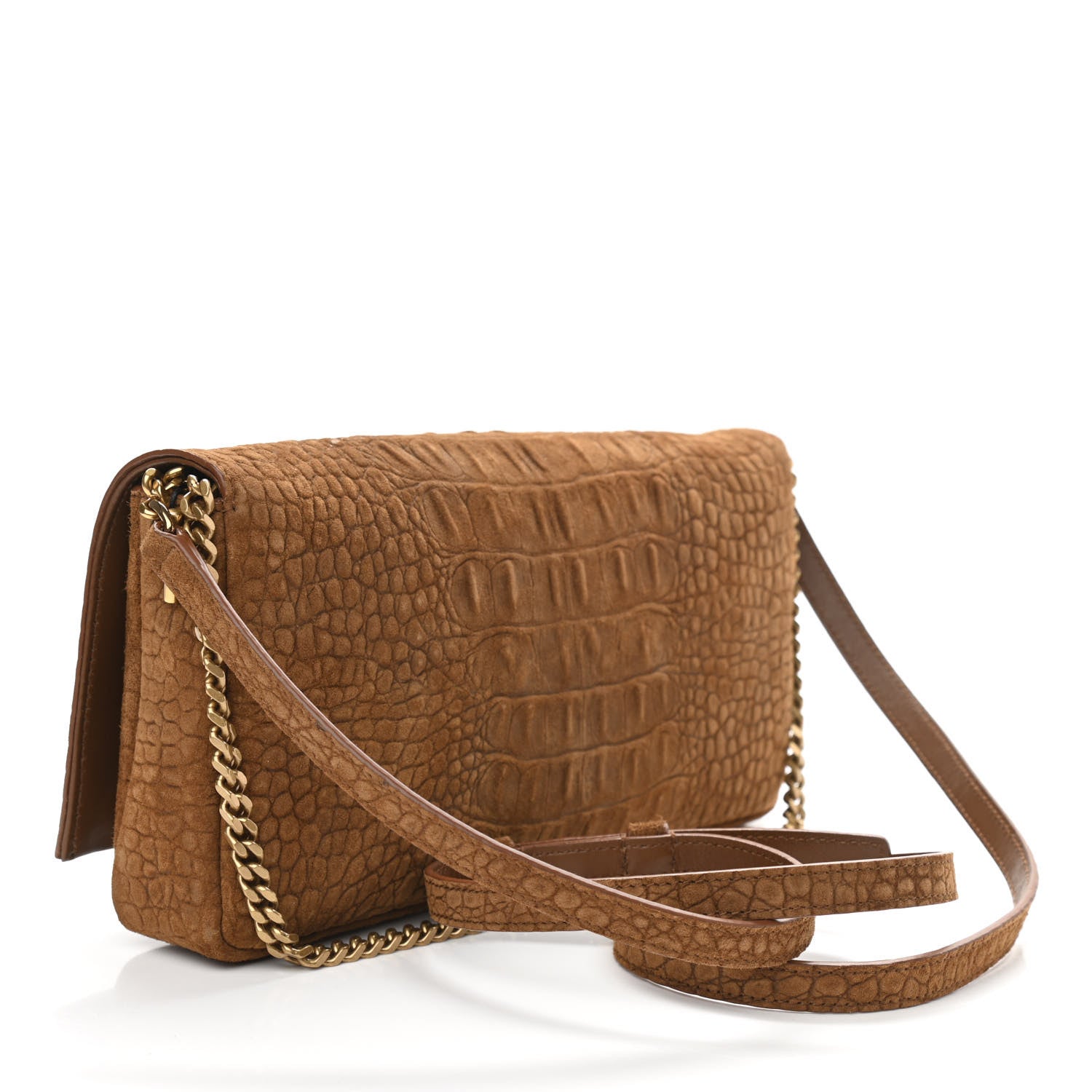 Saint Laurent Crocodile Embossed Suede Monogram Tassel Kate 99 Tan 3 of 9