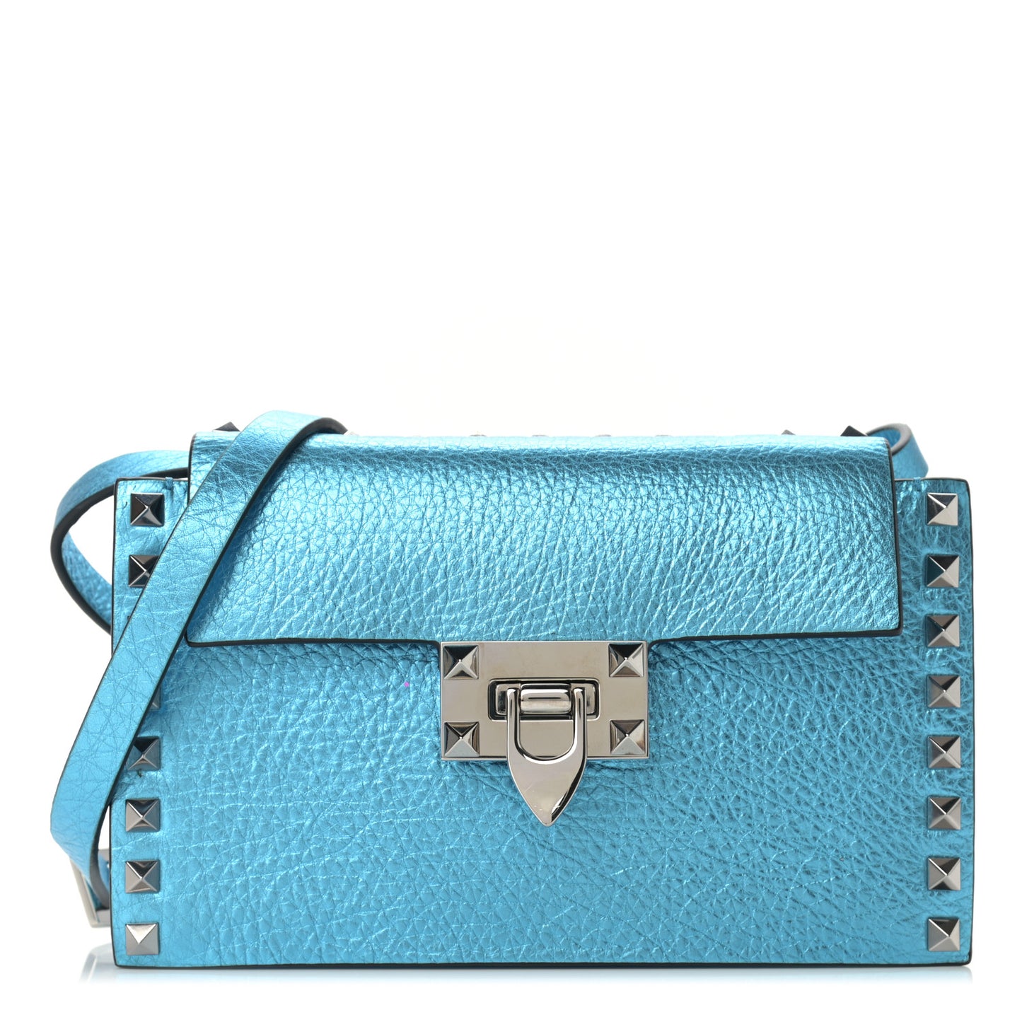 Metallic Pebbled Calfskin Small Rockstud Overlay Flap Shoulder Bag Cerulean