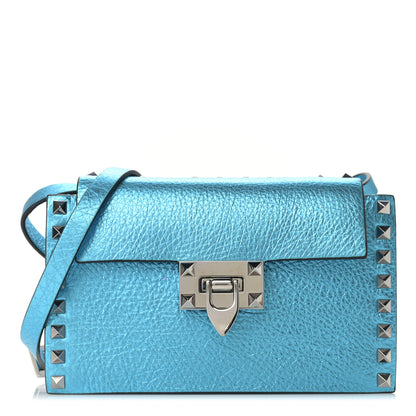 Valentino Garavani Metallic Pebbled Calfskin Small Rockstud Overlay Flap Shoulder Bag Cerulean 1 of 9