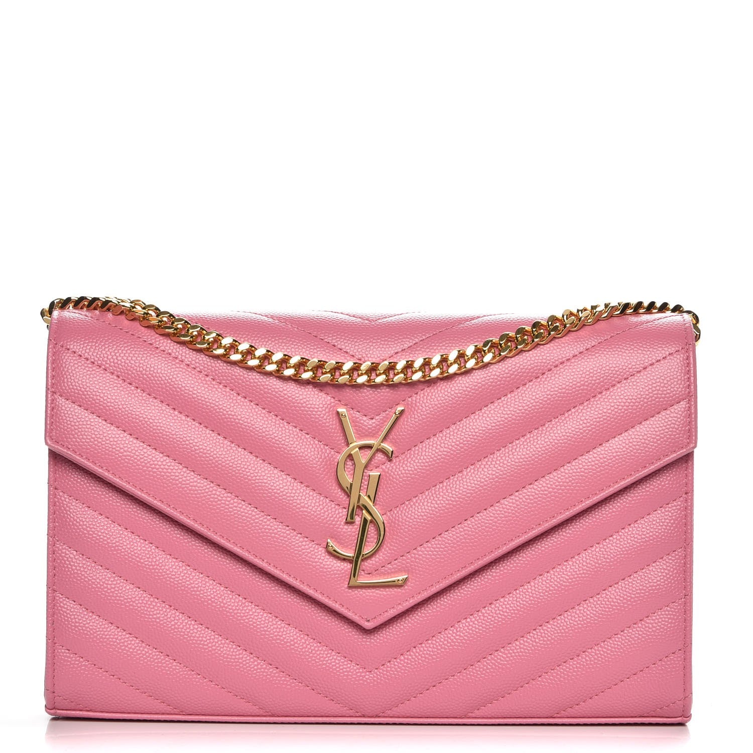 Saint Laurent Grain De Poudre Matelasse Chevron Monogram Chain Wallet Indian Pink 1 of 7