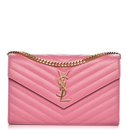 Saint Laurent Grain De Poudre Matelasse Chevron Monogram Chain Wallet Indian Pink 1 of 7