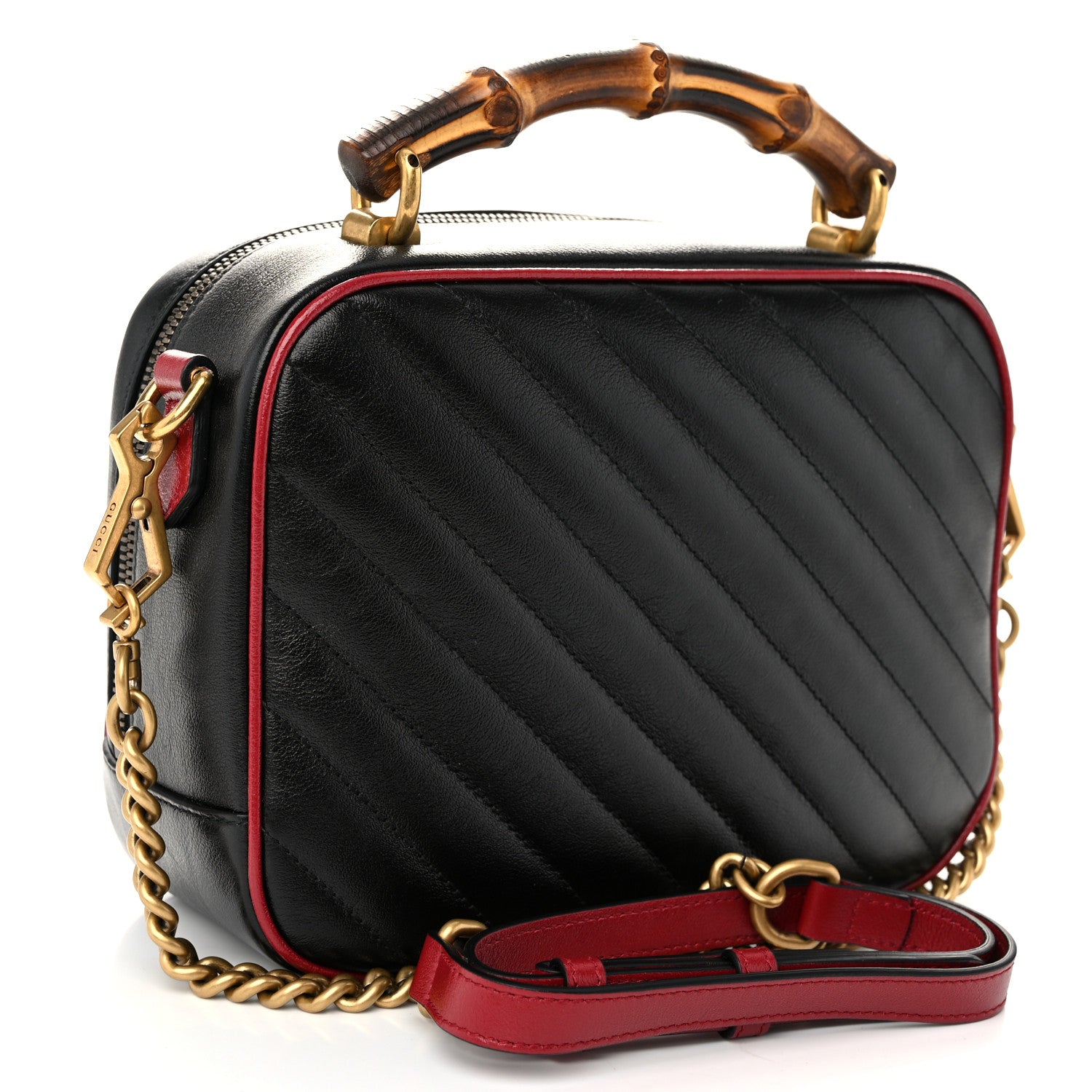 Gucci Vintage Effect Calfskin Matelasse Diagonal Small Torchon GG Marmont Bamboo Top Handle Shoulder Bag Black Romantic Cherry 3 of 11