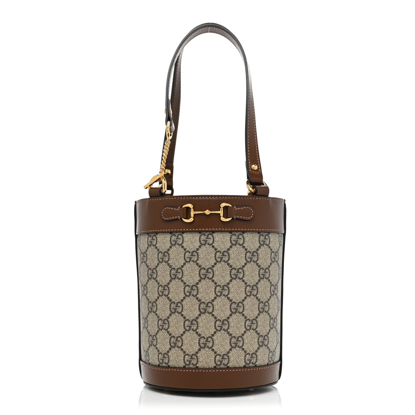 GG Supreme Monogram Azalea Sakai Calfskin Small Horsebit 1955 Drawstring Bucket Bag Beige Ebony Brown Sugar