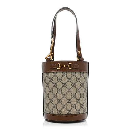 Gucci GG Supreme Monogram Azalea Sakai Calfskin Small Horsebit 1955 Drawstring Bucket Bag Beige Ebony Brown Sugar 1 of 8