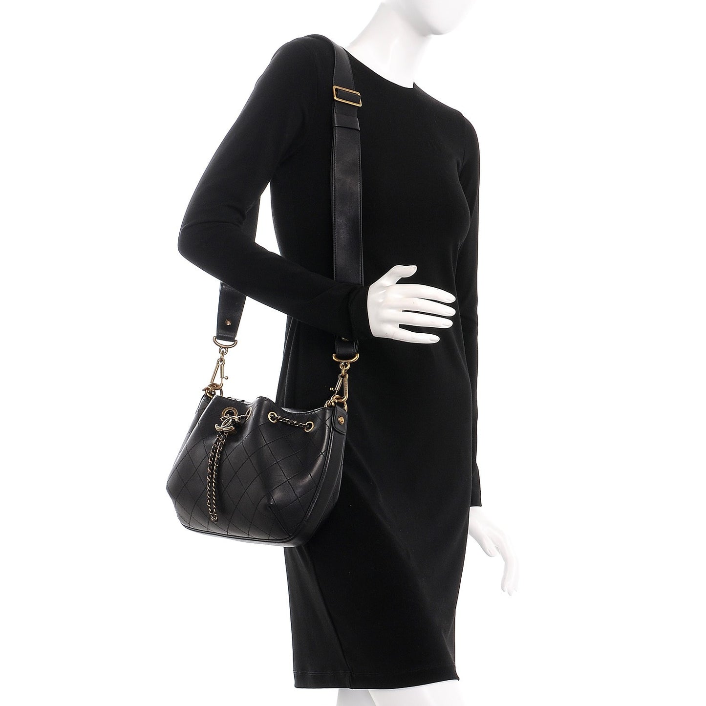 Calfskin Stitched Small Paris Rome Drawstring CC Bag Black