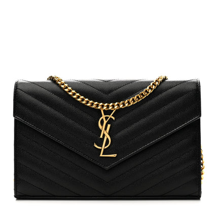 Saint Laurent Grain De Poudre Matelasse Chevron Monogram Chain Wallet Black 1 of 8