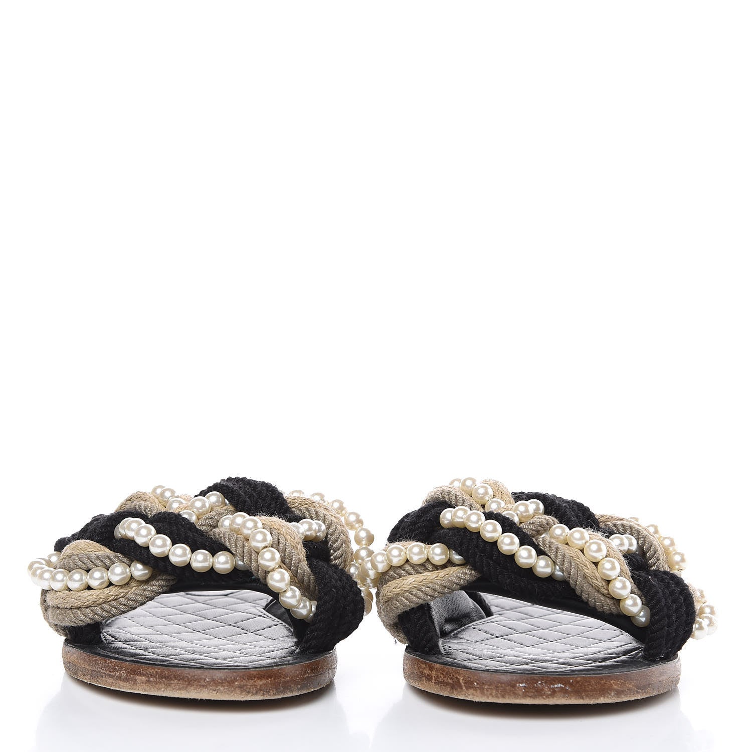 Chanel Lambskin Pearl Cord CC Mules 38 Black Beige 2 of 9