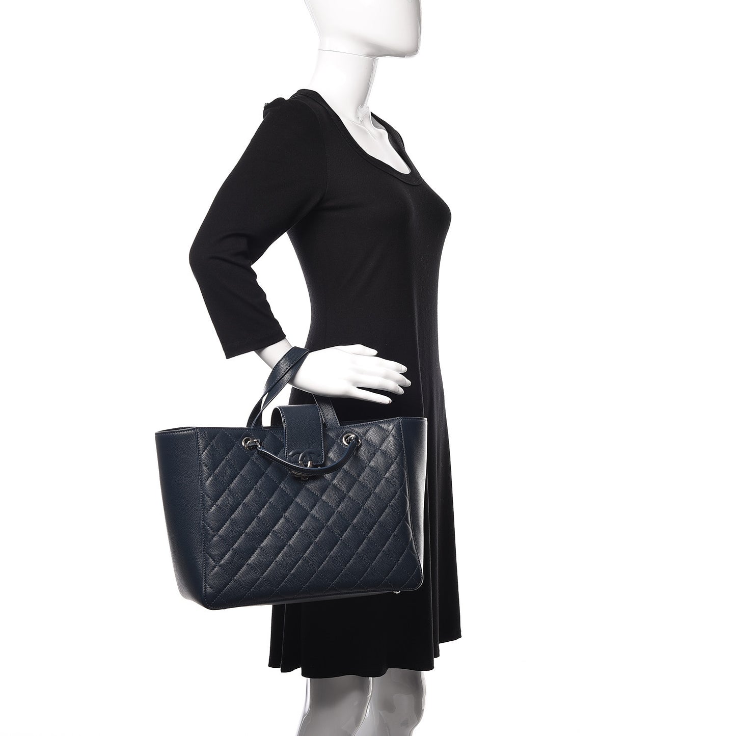 Caviar Quilted Large CC Box Shopping Tote Navy