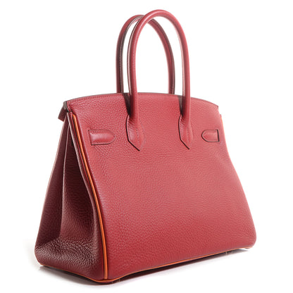 Hermes Taurillon Clemence Horseshoe Bi-Color Birkin 30 Rouge Garance and Orange 3 of 23