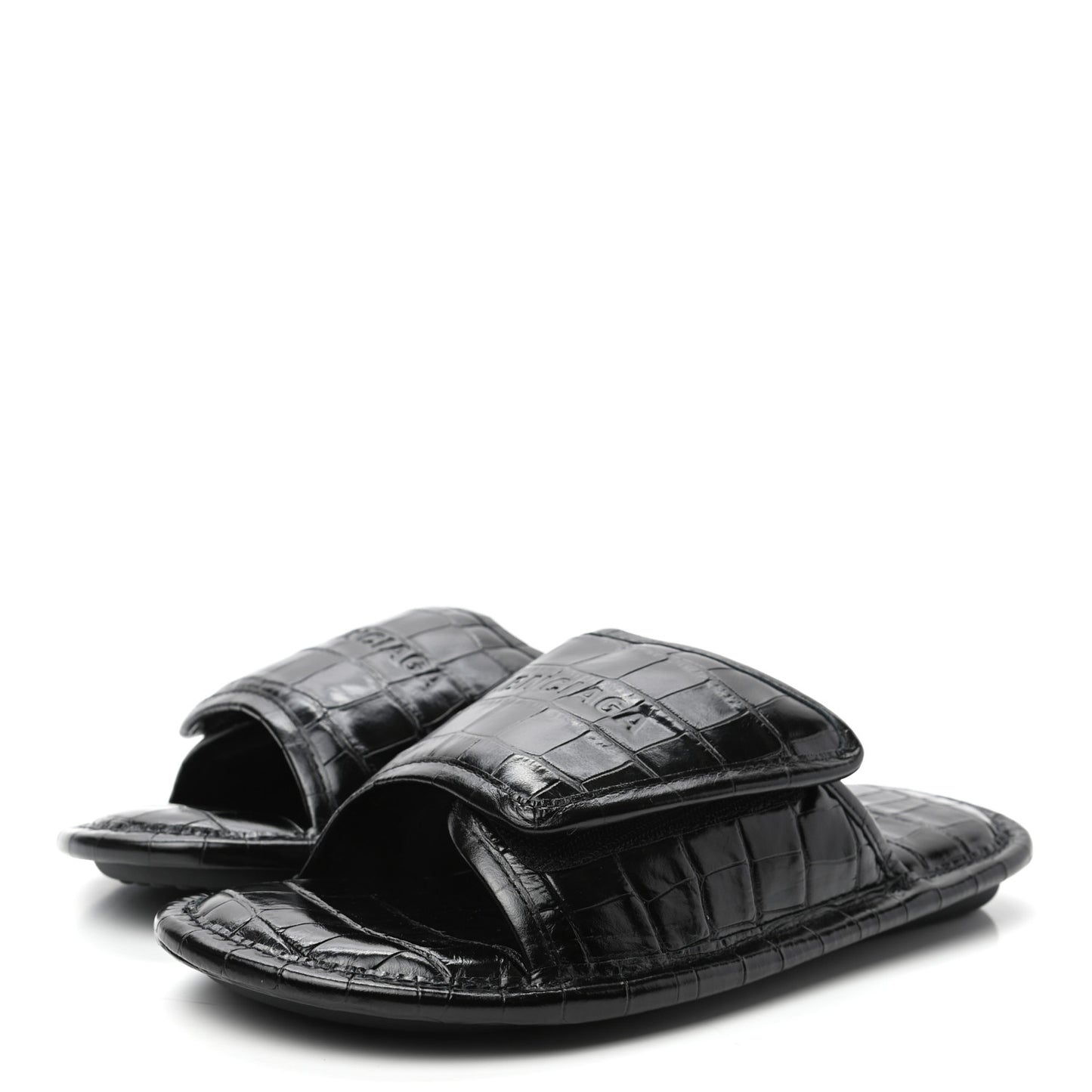 BALENCIAG Calfskin Logo Crocodile Embossed Home Slide Sandals 37 Black