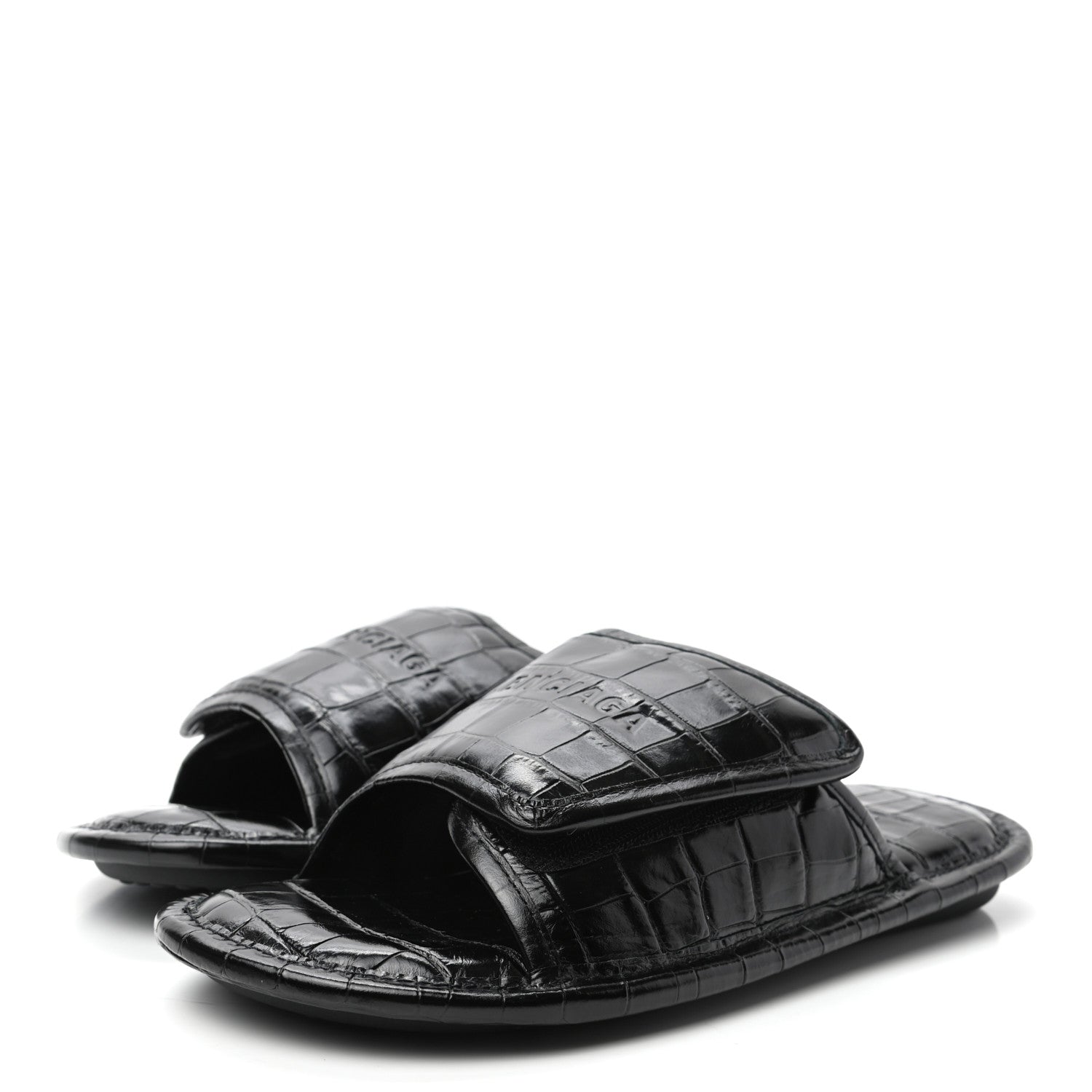 Balenciaga BALENCIAG Calfskin Logo Crocodile Embossed Home Slide Sandals 37 Black 3 of 8