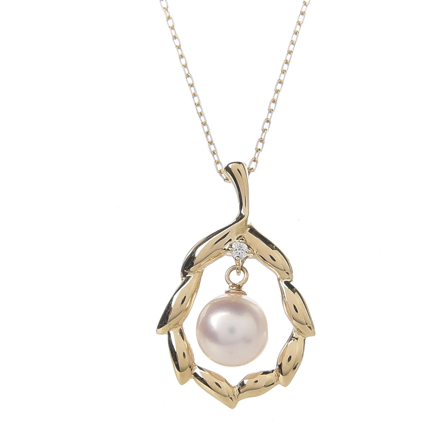 Mikimoto 18K Yellow Gold Diamond Akoya Pearl 7mm Leaf Pendant Necklace 4 of 6