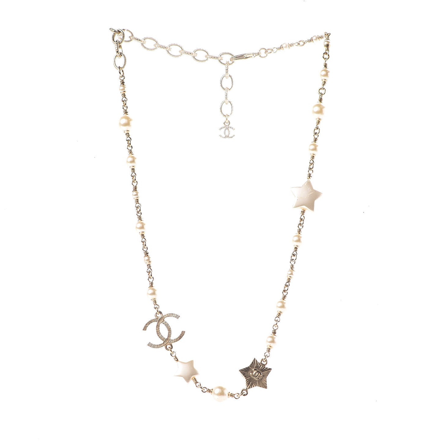 Metal Resin Pearl Star CC Necklace Gold