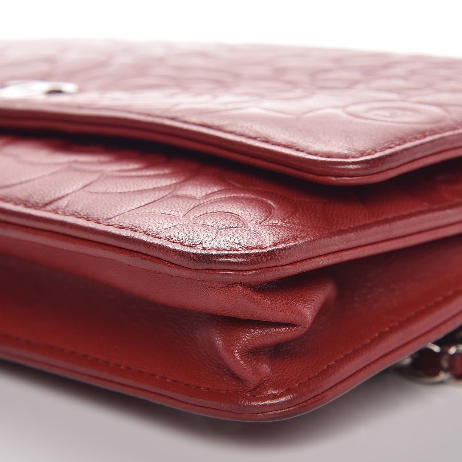 Chanel Lambskin Camellia Embossed Wallet On Chain WOC Dark Red 12 of 18