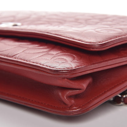 Chanel Lambskin Camellia Embossed Wallet On Chain WOC Dark Red 12 of 18