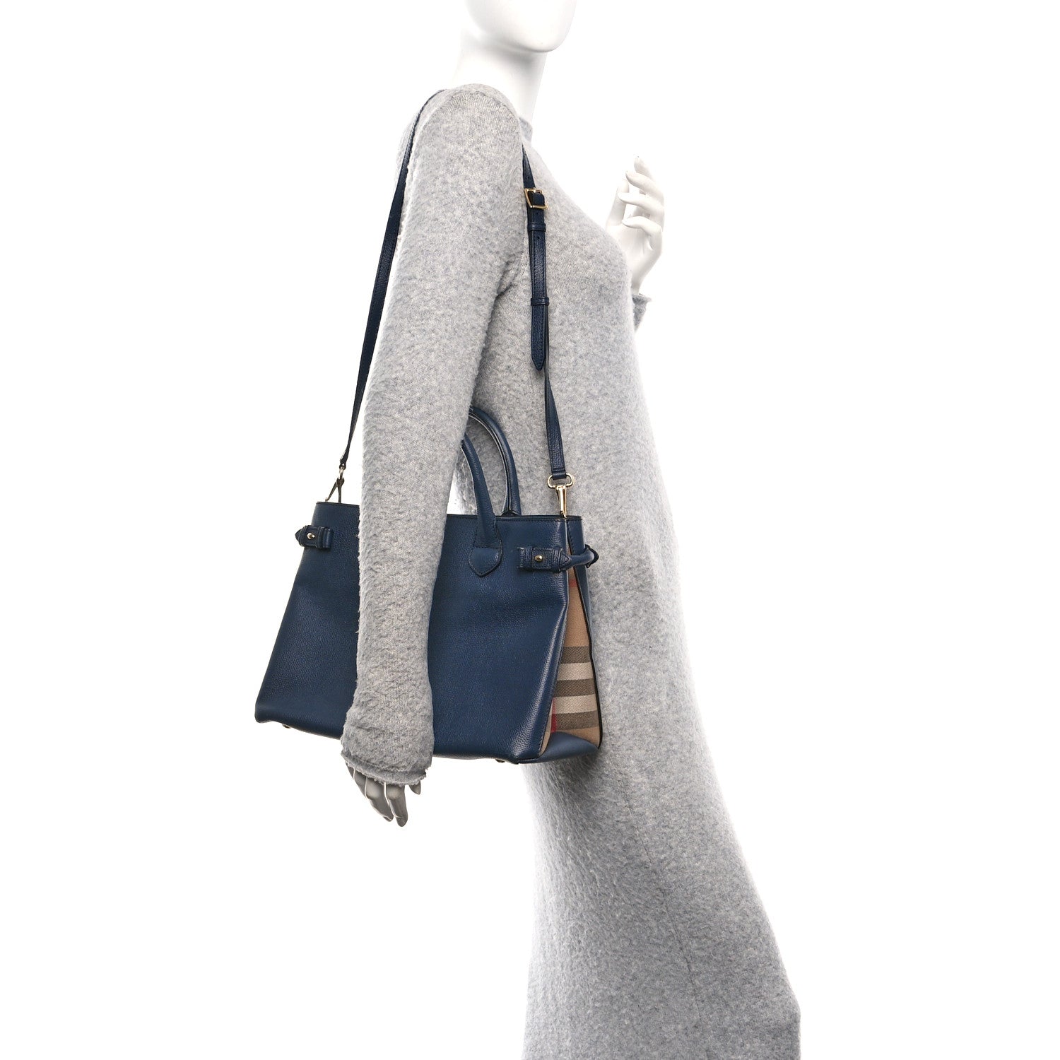 Burberry Derby Calfskin House Check Medium Banner Tote Ink Blue 2 of 10