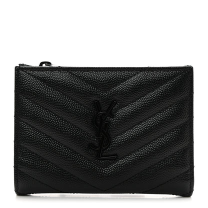 Saint Laurent Grain De Poudre Matelasse Chevron Monogram Zipped Two-Part Wallet Black 1 of 7