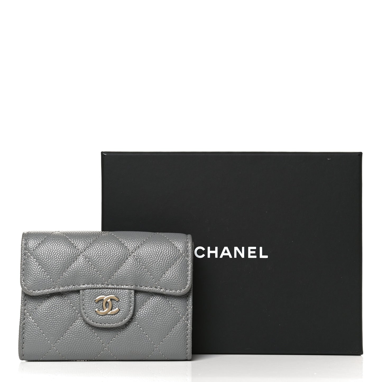 Caviar Quilted Flap Card Holder Wallet Dark Grey