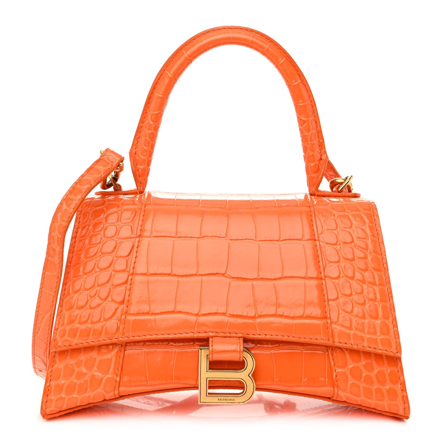 Shiny Calfskin Crocodile Embossed Small Hourglass Top Handle Bag Orange