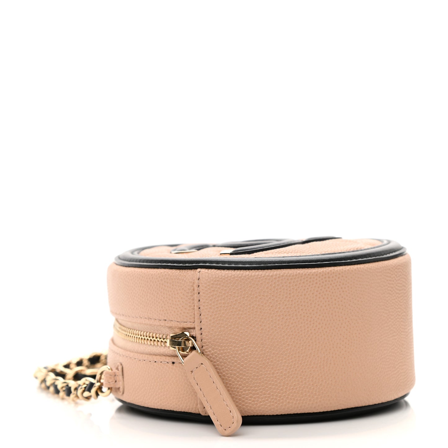 Caviar Quilted Round Filigree Crossbody Beige Black