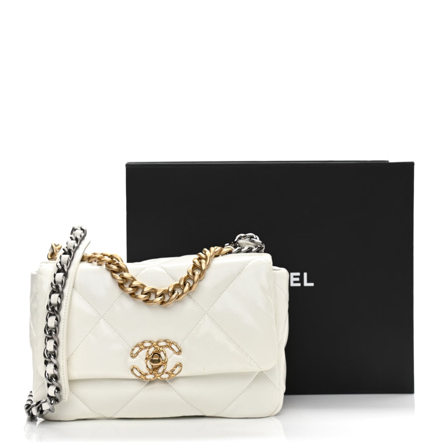 Shiny Crumpled Calfskin Quilted Medium Chanel 19 Flap White