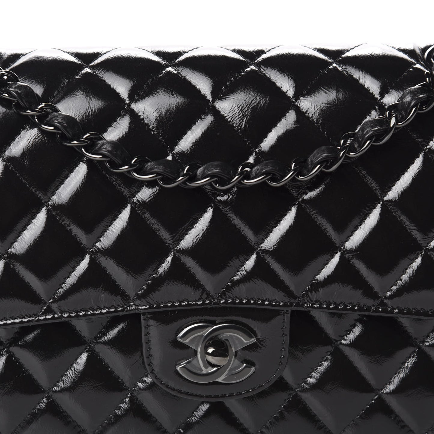 Shiny Crumpled Calfskin Quilted Medium Double Flap So Black