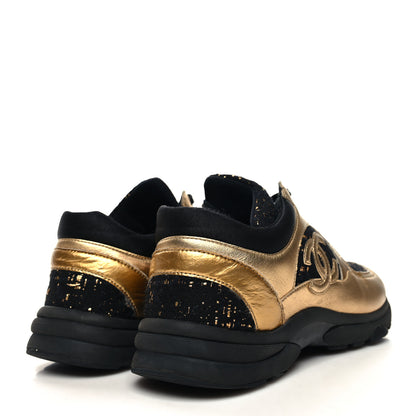 Chanel Satin Lambskin Fabric Tweed CC Sneakers 38.5 Gold Black 4 of 13