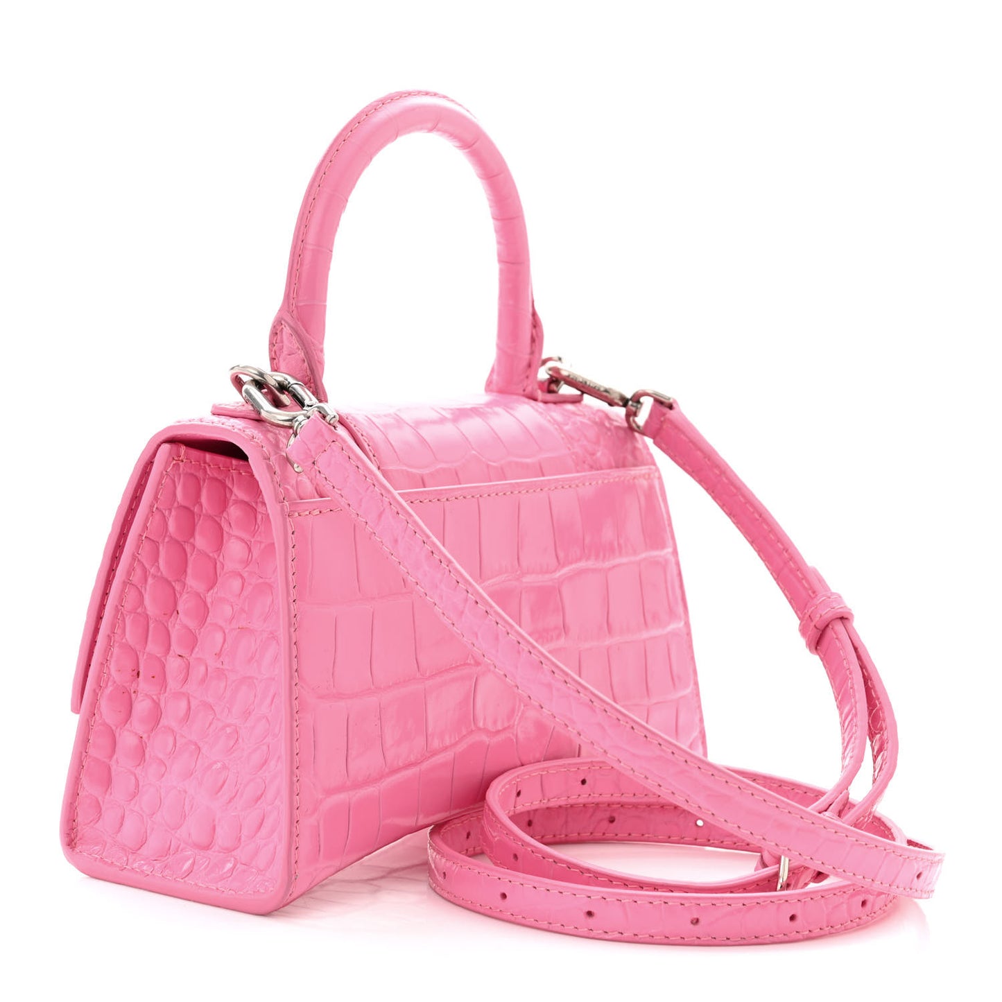 Shiny Calfskin Crocodile Embossed Hourglass Top Handle Bag XS Baby Pink