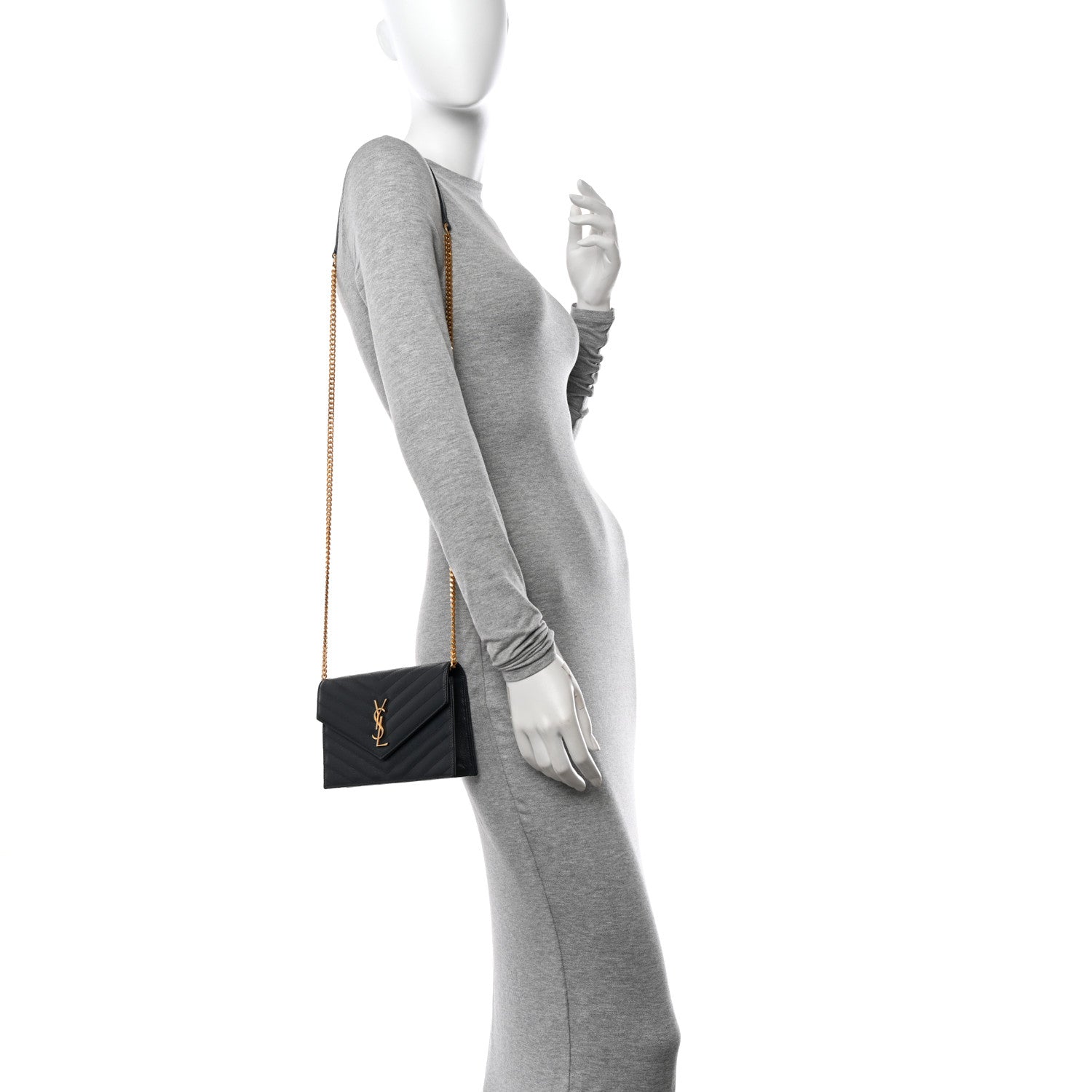 Saint Laurent Grain De Poudre Matelasse Chevron Monogram Envelope Chain Wallet Dark Smog 3 of 10