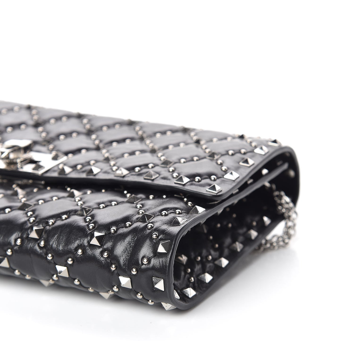 Craquele Nappa Beaded Rockstud Spike Wallet on Chain Black