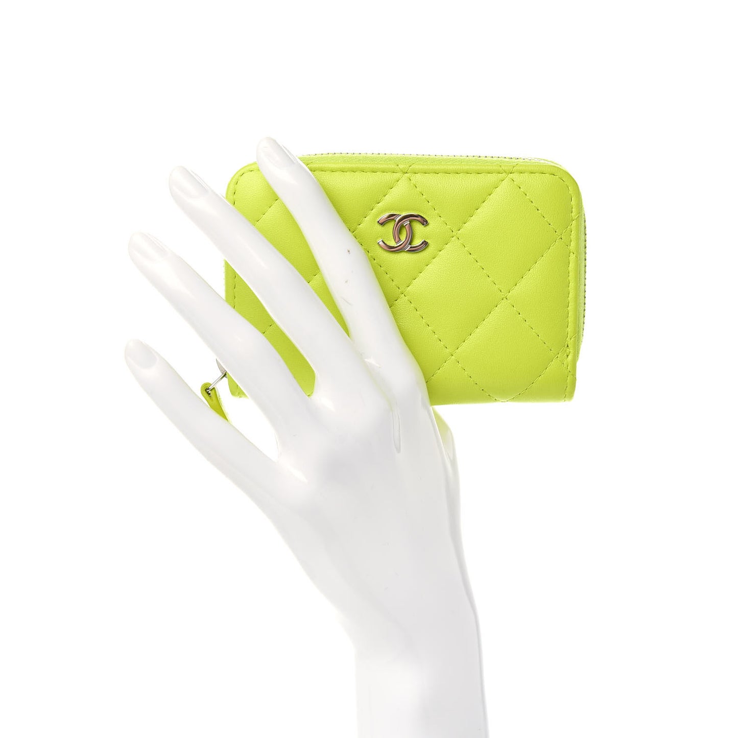 Lambskin Quilted Zip Around Coin Purse Wallet Neon Yellow