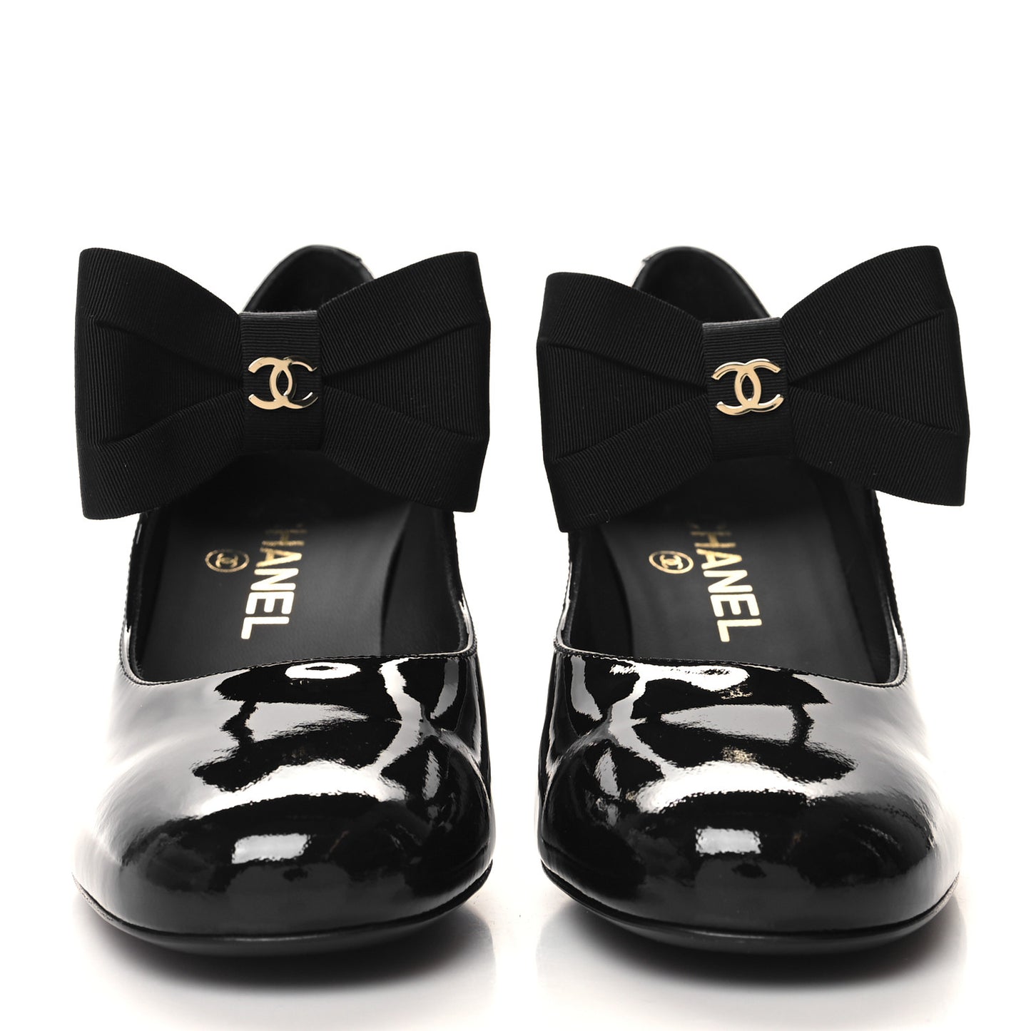 Patent Calfskin Grosgrain CC Mary Jane Pumps 38 Black