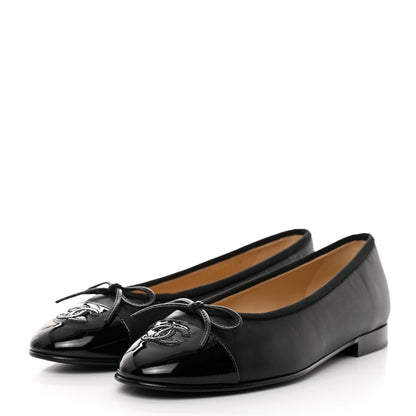 Chanel Lambskin Patent Cap Toe Ballerina Flats 37 Black 4 of 9