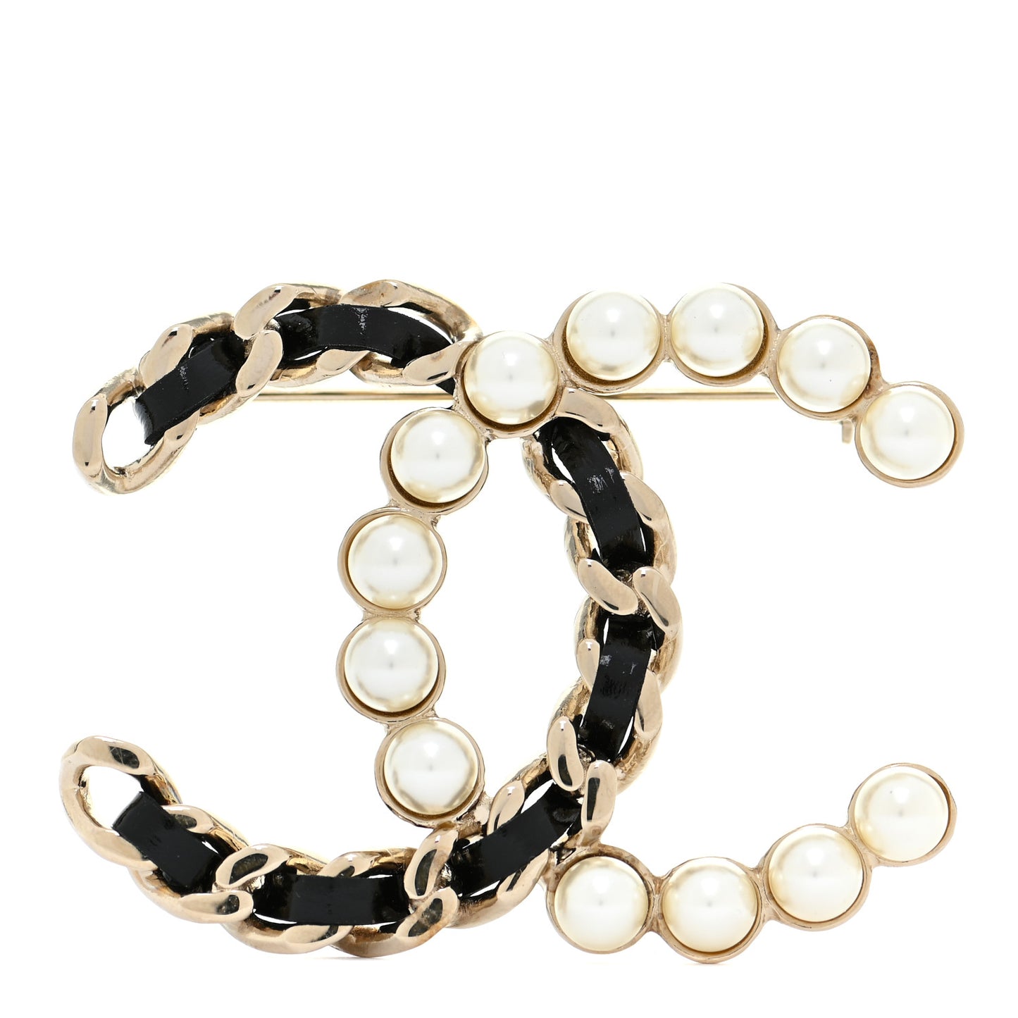 Lambskin Pearl CC Chain Brooch Black Gold