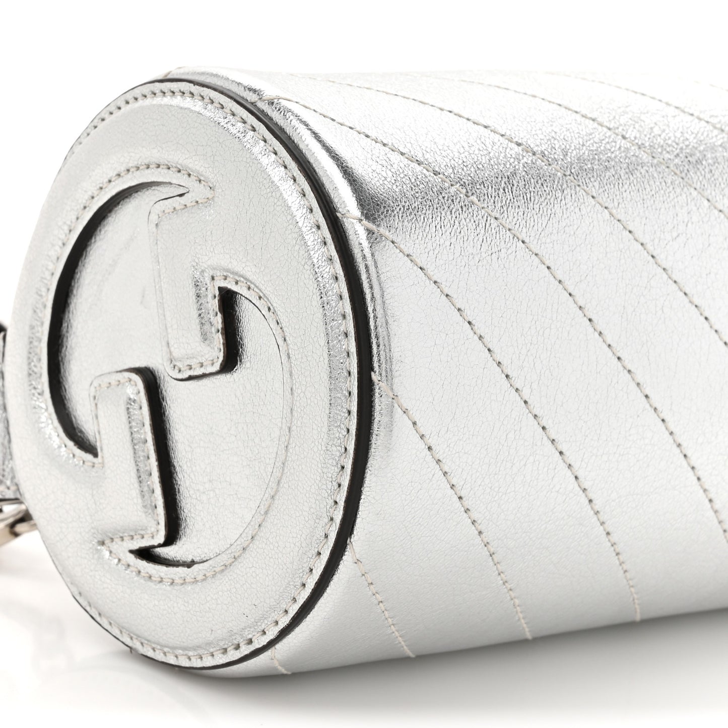 Sakai Be Green Calfskin Diagonal Stitched Mini Blondie Barrel Shoulder Bag Silver