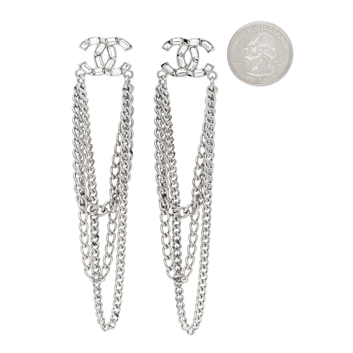 Crystal Baguette CC Chain Drop Earrings Silver Silver